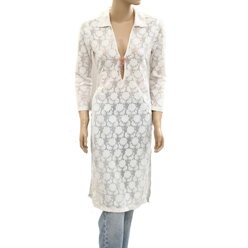 By Anthropologie 3/4 Sleeve Sheer Lace Top Floral Mesh Ivory Coverup S 284061